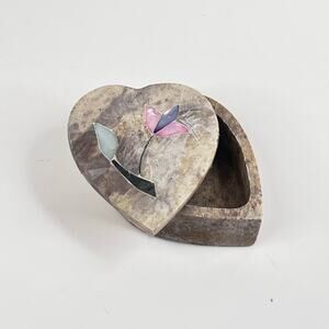 Marble Heart Shaped Mother Of Pearl Inlay TRINKET Ring Jewelry BOX 3" Soapstone